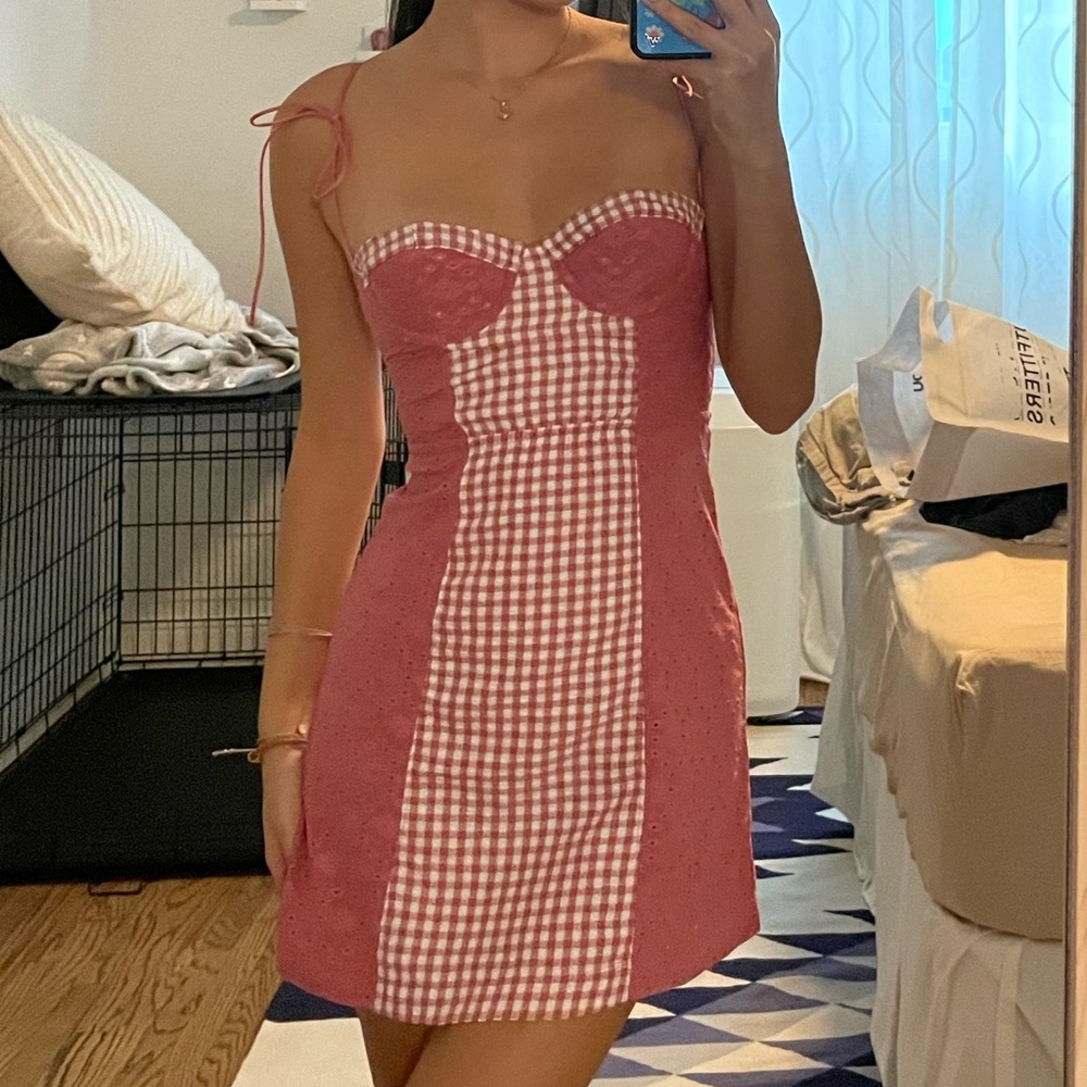 Urban Outfitters Felicity Eyelet Bustier Mini Dress in Rose Pink